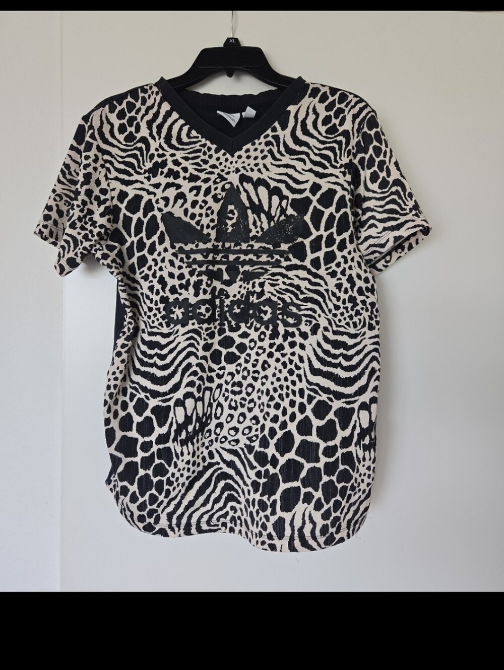 Adidas Black & Cream Animal Print V-Neck Tee